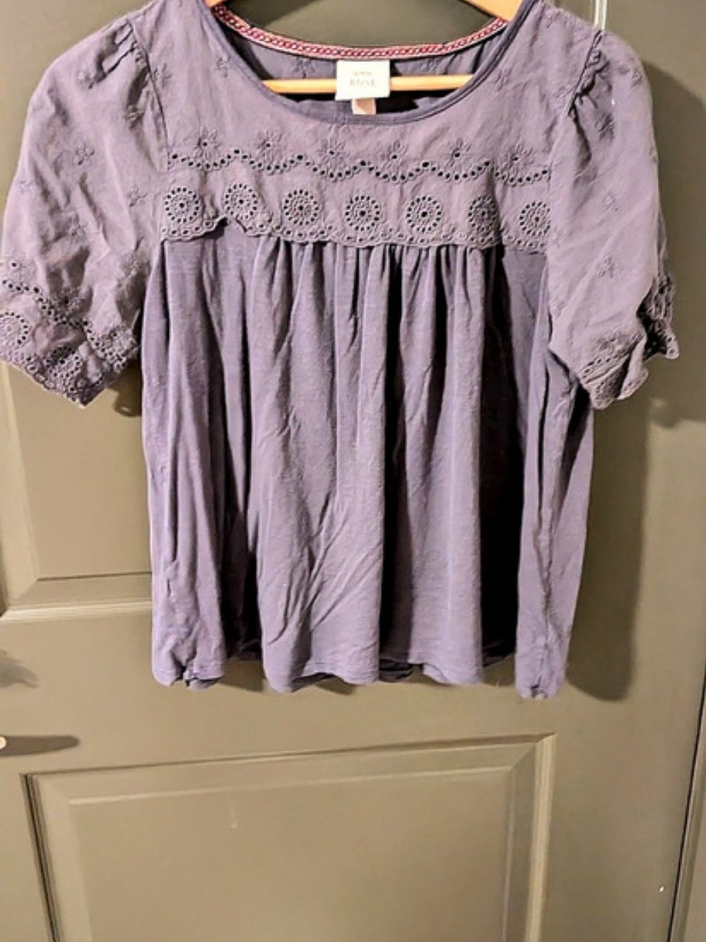 Knox Rose Embroidered Short Sleeve Blouse in Purple Size Medium